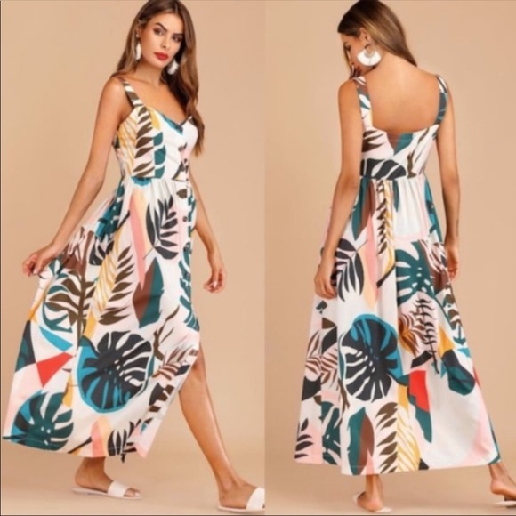 Tropical Print Leaves Button Down Cami Maxi Dress - Picture 2 of 2